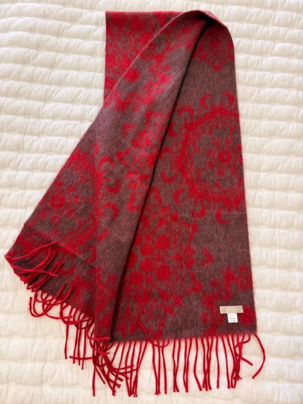 Nordstrom 100% Cashmere Scarf Red Brown Floral Fringe Luxury